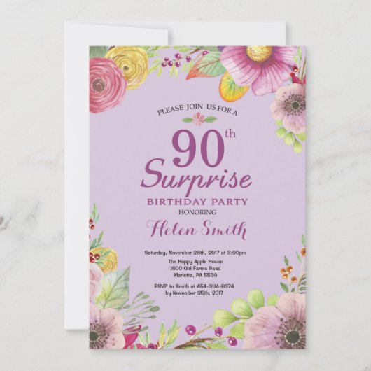 Floral Surprise 90th Birthday Invitation Paars Kaart (Voorkant)