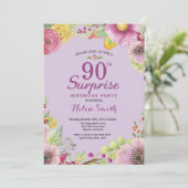 Floral Surprise 90th Birthday Invitation Paars Kaart (Staand voorkant)