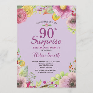 Floral Surprise 90th Birthday Invitation Paars Kaart