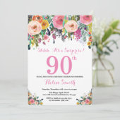 Floral Surprise 90th Birthday Invitation Pink Kaart (Staand voorkant)