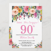 Floral Surprise 90th Birthday Invitation Pink Kaart (Voorkant / Achterkant)