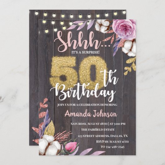 Floral Surprise Party 50th Birthday Invitation Kaart (Voorkant / Achterkant)