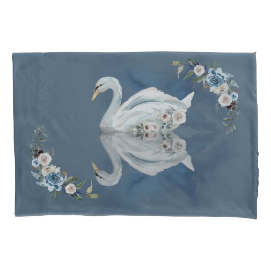 Floral Swan Blue Reflection Kussensloop (Voorkant-Links)