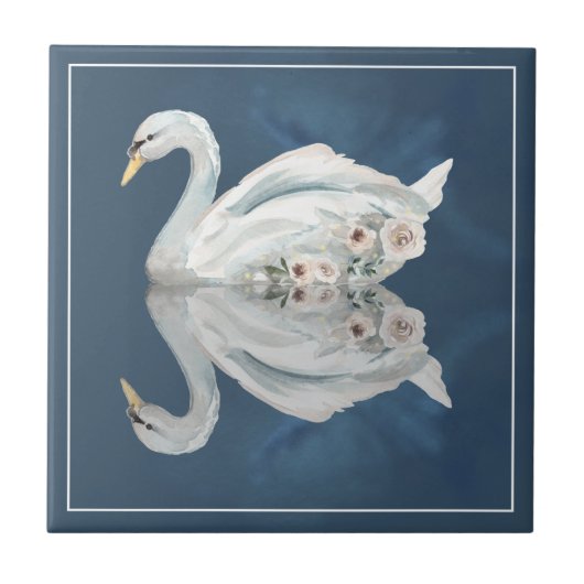 Floral Swan Blue Reflection Tegeltje (Voorkant)