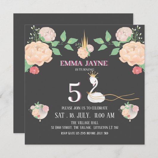 Floral Swan Girls Birthday Invitation Kaart (Voorkant / Achterkant)