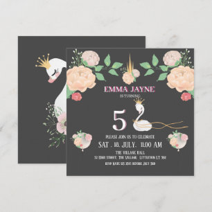 Floral Swan Girls Birthday Invitation Kaart