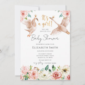 Floral Swan Princess Baby Shower Kaart