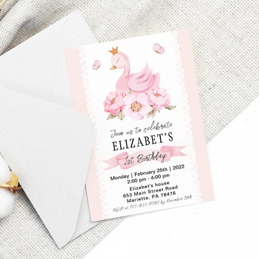 Floral Swan Princess Birthday Party Invitation Kaart