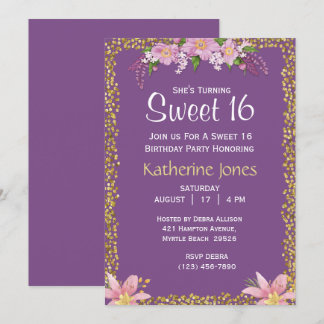 Floral Sweet 16 Birthday Party Kaart