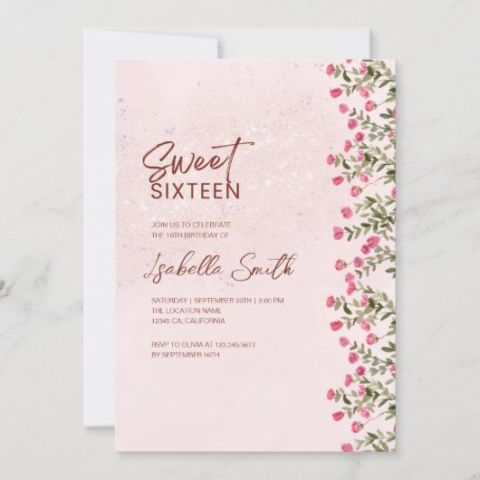 Floral Sweet 16 Party Invitation – Elegant Rustic  Kaart (Voorkant)