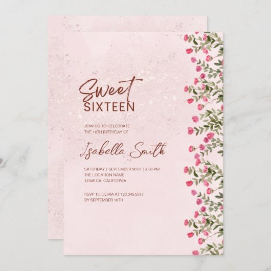 Floral Sweet 16 Party Invitation – Elegant Rustic Kaart (Voorkant / Achterkant)
