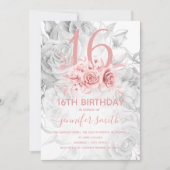 Floral Sweet 16th Girly Roos Gold & Silver Kaart (Voorkant)