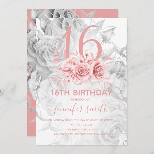 Floral Sweet 16th Girly Roos Gold & Silver Kaart (Voorkant / Achterkant)