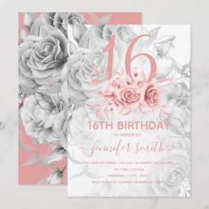 Floral Sweet 16th Girly Roos Gold & Silver Kaart