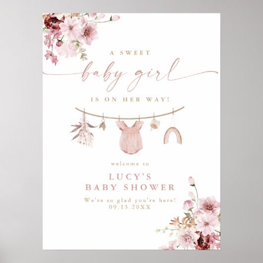 Floral Sweet Baby Girl Clothesline Baby shower Poster (Voorkant)