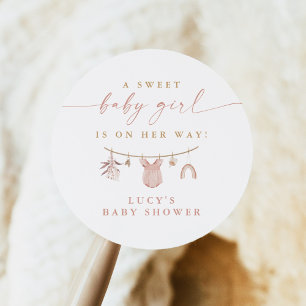 Floral Sweet Baby Girl Clothesline Baby shower Ronde Sticker