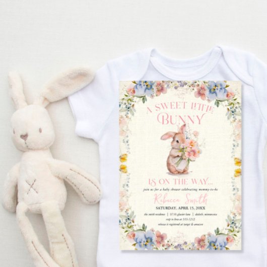 Floral Sweet Little Bunny Baby shower Invitation Kaart