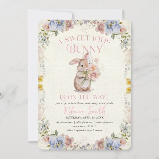 Floral Sweet Little Bunny Baby shower Invitation Kaart (Voorkant)