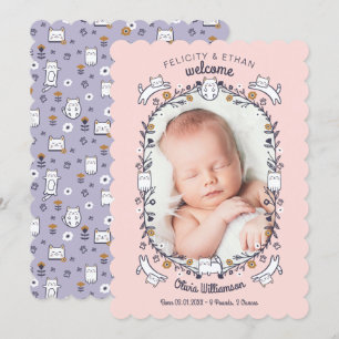 Floral Sweet Little kitty Cat Birth Announement Kaart