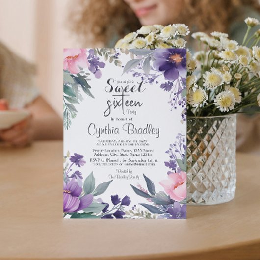 Floral Sweet Sixteen Birthday Party Kaart