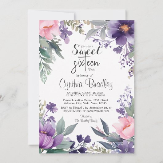 Floral Sweet Sixteen Birthday Party Kaart (Voorkant)
