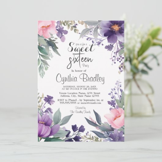 Floral Sweet Sixteen Birthday Party Kaart (Staand voorkant)