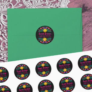 Floral Sweet Sixteen Black Pink Mexican Fiesta Ronde Sticker