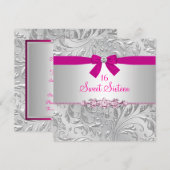 Floral Swirl & Bow roze zweet Sixteen nodigt uit Kaart (Voorkant / Achterkant)