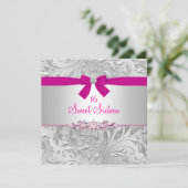 Floral Swirl & Bow roze zweet Sixteen nodigt uit Kaart (Staand voorkant)