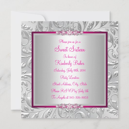 Floral Swirl & Bow roze zweet Sixteen nodigt uit Kaart (Achterkant)