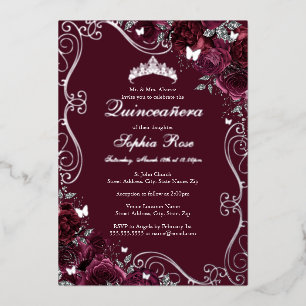 Floral Swirl Butterfly Burgundy Quinceanera Folie Uitnodiging