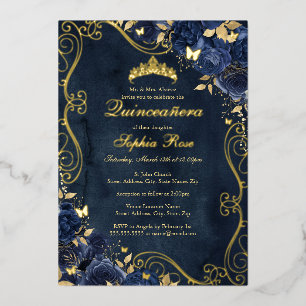 Floral Swirl Gold Navy Butterfly Quinceanera Folie Uitnodiging