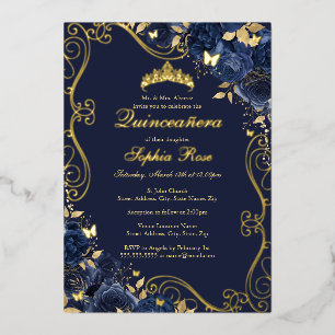 Floral Swirl Navy Gold Butterfly Quinceanera Folie Uitnodiging