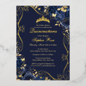 Floral Swirl Navy Gold Butterfly Quinceanera Folie Uitnodiging (Voorkant)