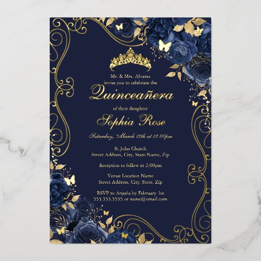 Floral Swirl Navy Gold Butterfly Quinceanera Folie Uitnodiging (Voorkant)