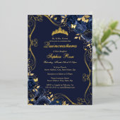 Floral Swirl Navy Gold Butterfly Quinceanera Folie Uitnodiging (Staand Voorkant)
