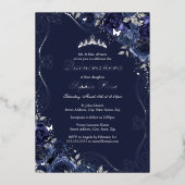 Floral Swirl Navy Silver Butterfly Quinceanera Folie Uitnodiging (Voorkant)