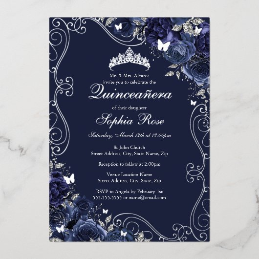 Floral Swirl Navy Silver Butterfly Quinceanera Folie Uitnodiging (Voorkant)