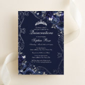 Floral Swirl Navy Silver Butterfly Quinceanera Folie Uitnodiging