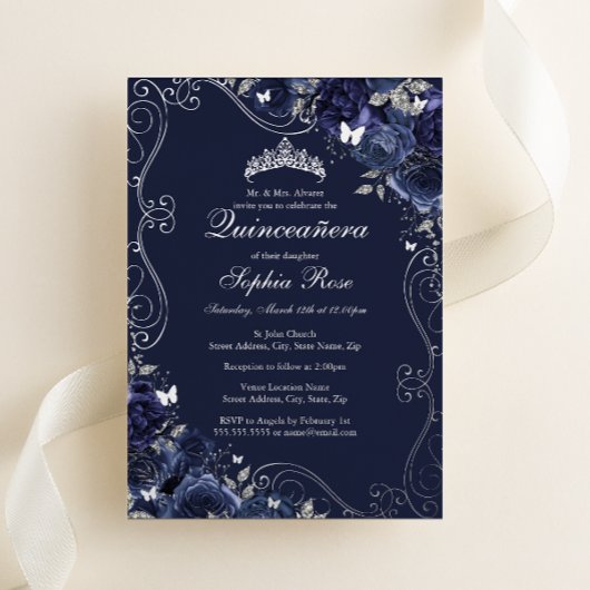 Floral Swirl Navy Silver Butterfly Quinceanera Folie Uitnodiging