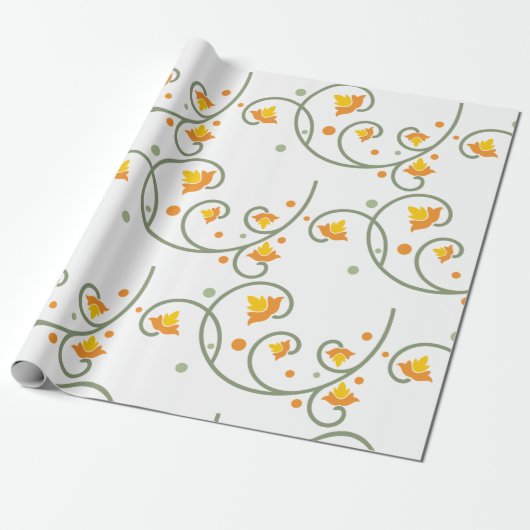 Floral Swirl Pattern met Sinaasappel en Gele Bloem Cadeaupapier (Uitgerold)