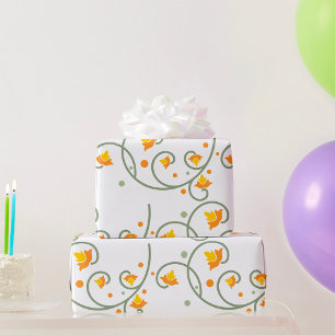 Floral Swirl Pattern met Sinaasappel en Gele Bloem Cadeaupapier