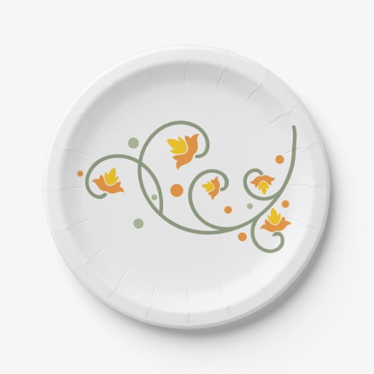 Floral Swirl Pattern met Sinaasappel en Gele Bloem Papieren Bordje (Voorkant)