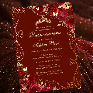 Floral Swirl Red Gold Butterfly Quinceanera Folie Uitnodiging