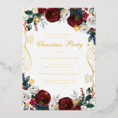 Floral Swirl Rood Goud Kerstfeest Folie Uitnodiging (Voorkant)