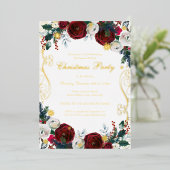 Floral Swirl Rood Goud Kerstfeest Folie Uitnodiging (Staand Voorkant)