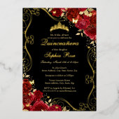 Floral Swirl Rood Goud Zwarte Vlinder Quinceanera Folie Uitnodiging (Voorkant)