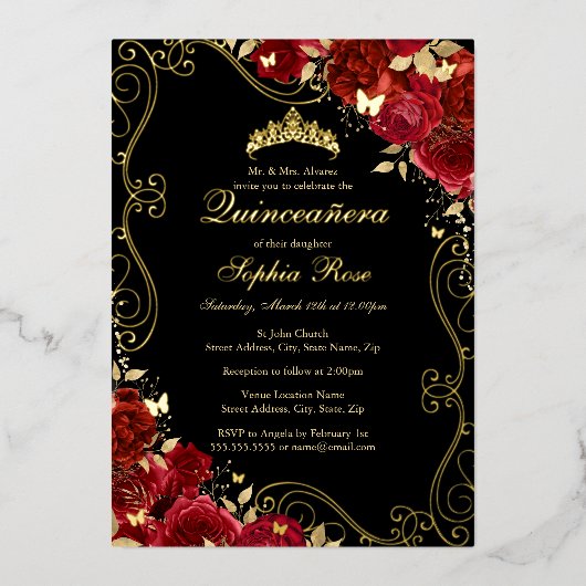 Floral Swirl Rood Goud Zwarte Vlinder Quinceanera Folie Uitnodiging (Voorkant)