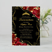 Floral Swirl Rood Goud Zwarte Vlinder Quinceanera Folie Uitnodiging (Staand Voorkant)