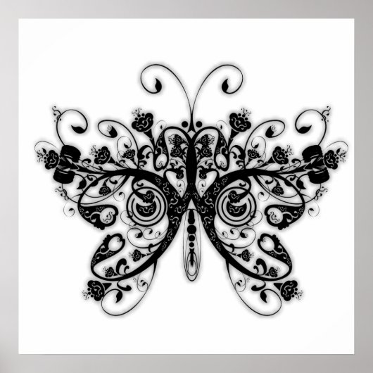 Floral Swirls Butterfly - Black & White Poster (Voorkant)
